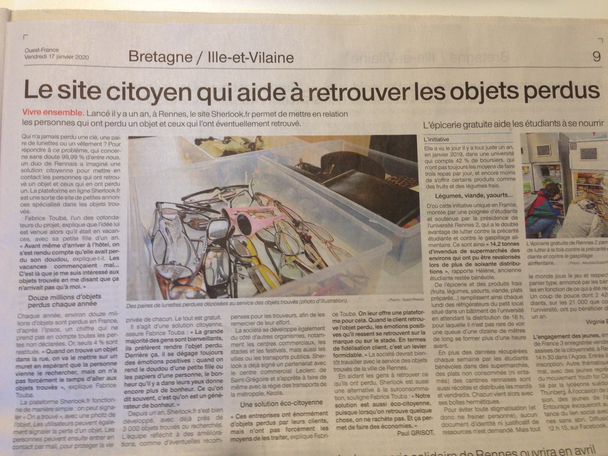 Merci <a href="/ouestfrance35/">Ouest-France 35</a> pour ce très bel article à lire en ligne ou dans le journal d’aujourd’hui ! 😊
#sherlook #objetstrouvés #objetsperdus #feelgood #rennes #generateurdebonheur #happyness #ouestfrance #journal #article