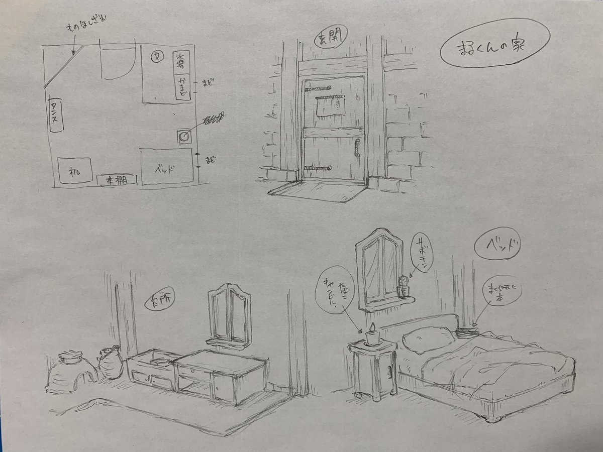 本日の進捗。まる君の家の内装。決めとかないと酷いことになるからね…。
明日は外観かなぁ…。嫌じゃ…背景は嫌じゃあ…苦手なんじゃあ…。 