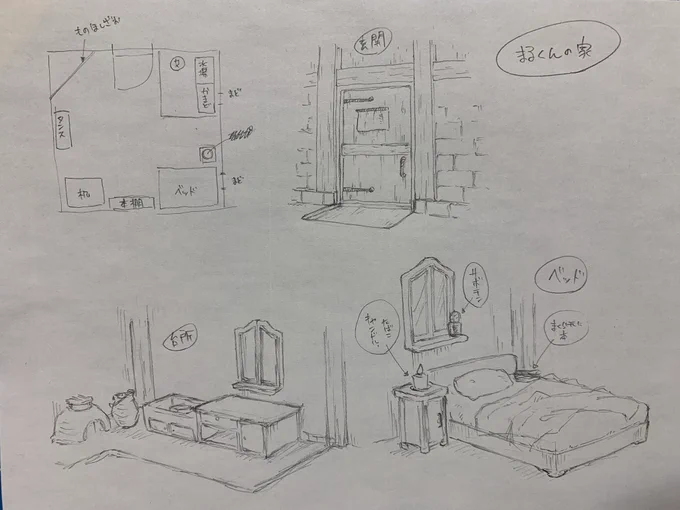 本日の進捗。まる君の家の内装。決めとかないと酷いことになるからね…。
明日は外観かなぁ…。嫌じゃ…背景は嫌じゃあ…苦手なんじゃあ…。 