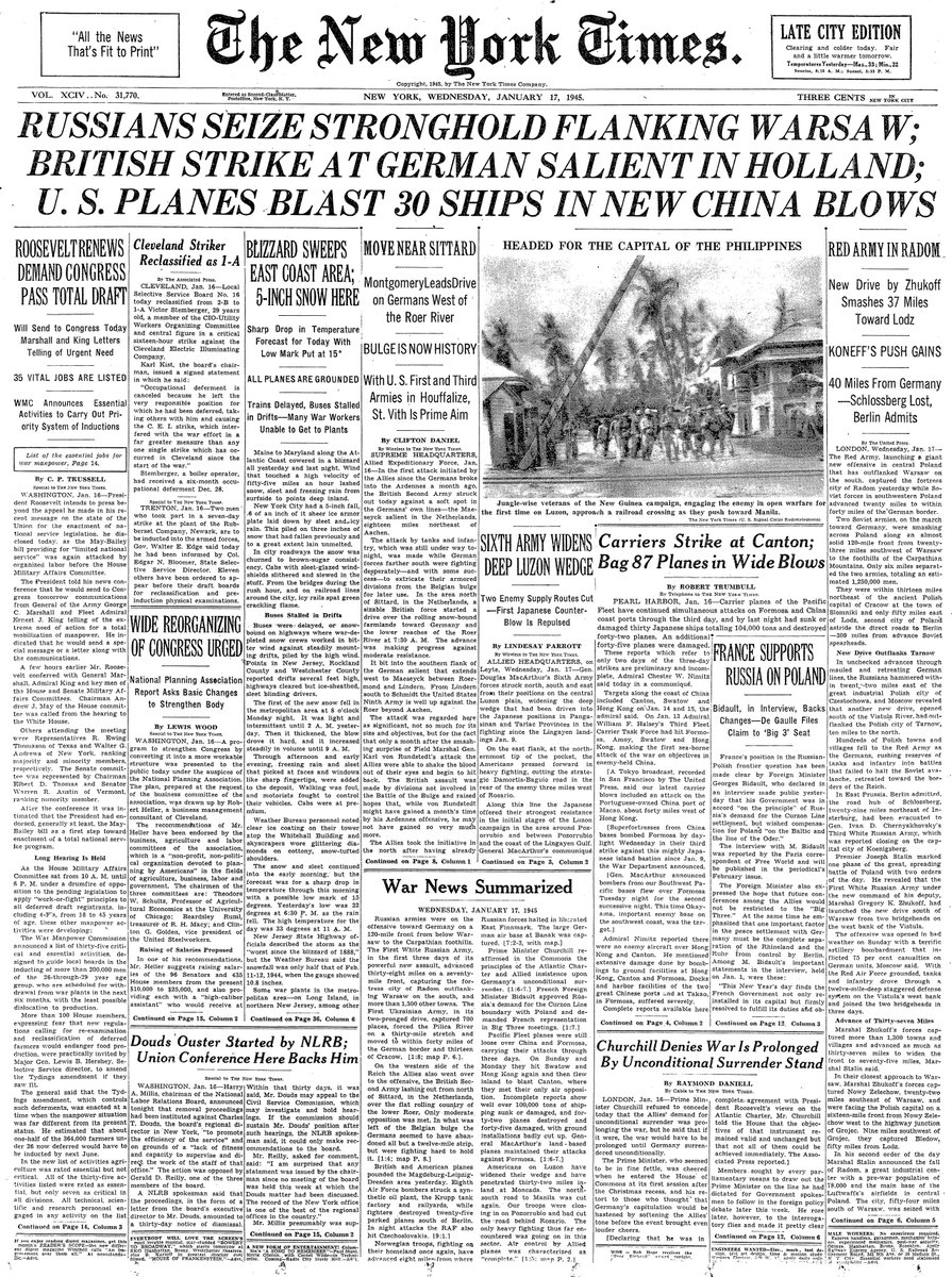 Jan. 17, 1945: Russians Seize Stronghold Flanking Warsaw; British Strike at German Salient in Holland; U.S. Planes Blast 30 Ships in New China Blows  https://nyti.ms/2QHMR01 