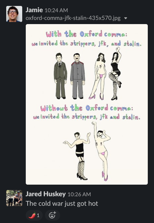 TiltedChair's tweet photo. Friendly reminder that Tilted Chair staunchly supports the Oxford Comma. https://t.co/rqwGDSFiPC