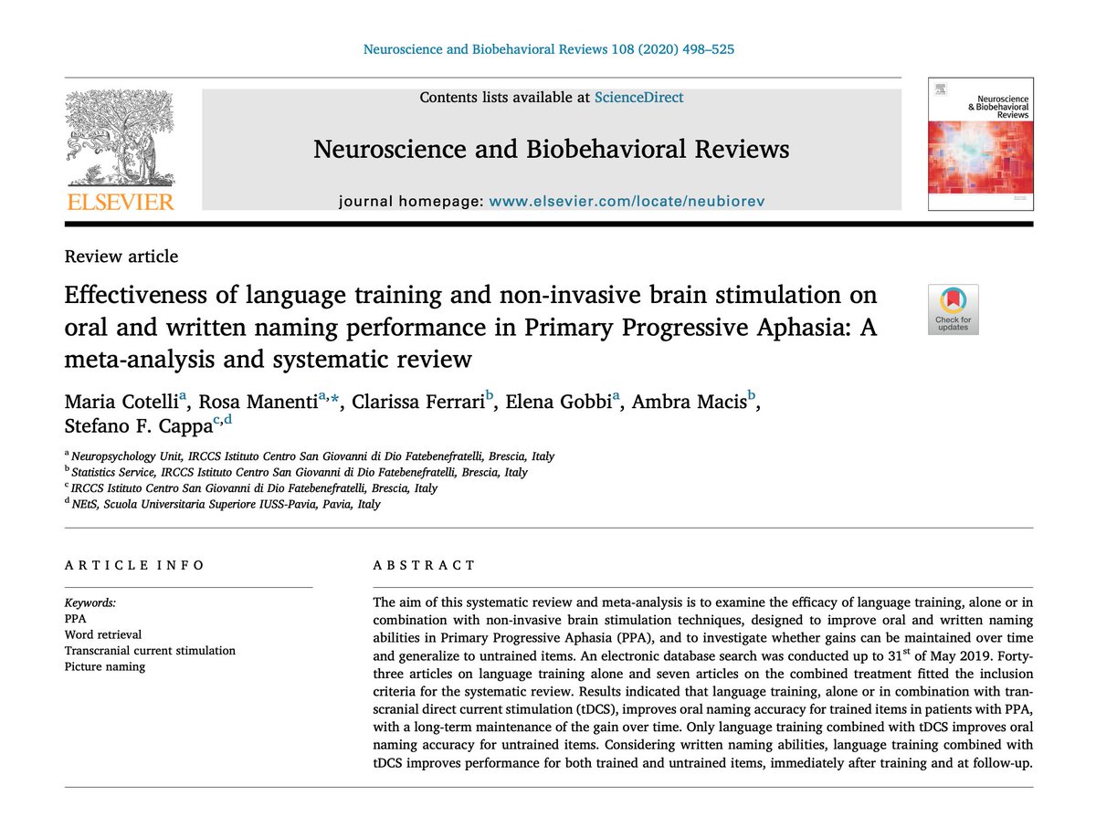 First #metaanalysis on the effectiveness of language training (and tDCS) in:
➡️ #logopenic,
➡️ #nonfluent and
➡️ #semantic variants of #PPA

A splendid piece of evidence that summarises the positive fruits of almost 2 decades of research: ncbi.nlm.nih.gov/pubmed/31811834
