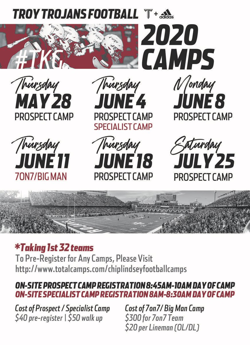 CoachDFaulkner's tweet photo. Troy Football Camp dates have been set! We are fired up to find some TKGs! #GetToCamp https://t.co/BvetF80MrJ