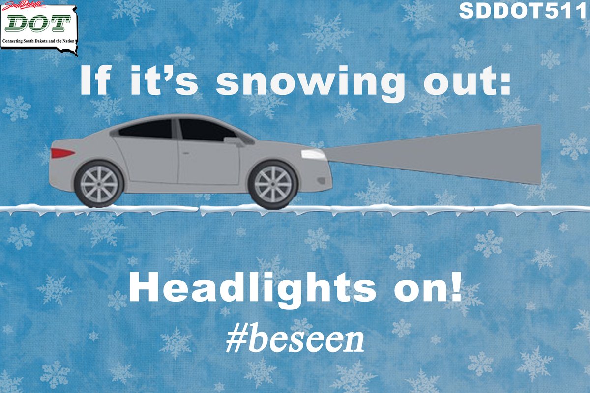 SouthDakotaDOT's tweet photo. Physically turn your headlights on so you can be seen from the front &amp; the back (red lights). Leave extra space between you &amp; the car in front of you. Drive for conditions - slow down, buckle up. 
#beseen #sdwx #sddot511 https://t.co/rX8t7I8BfQ