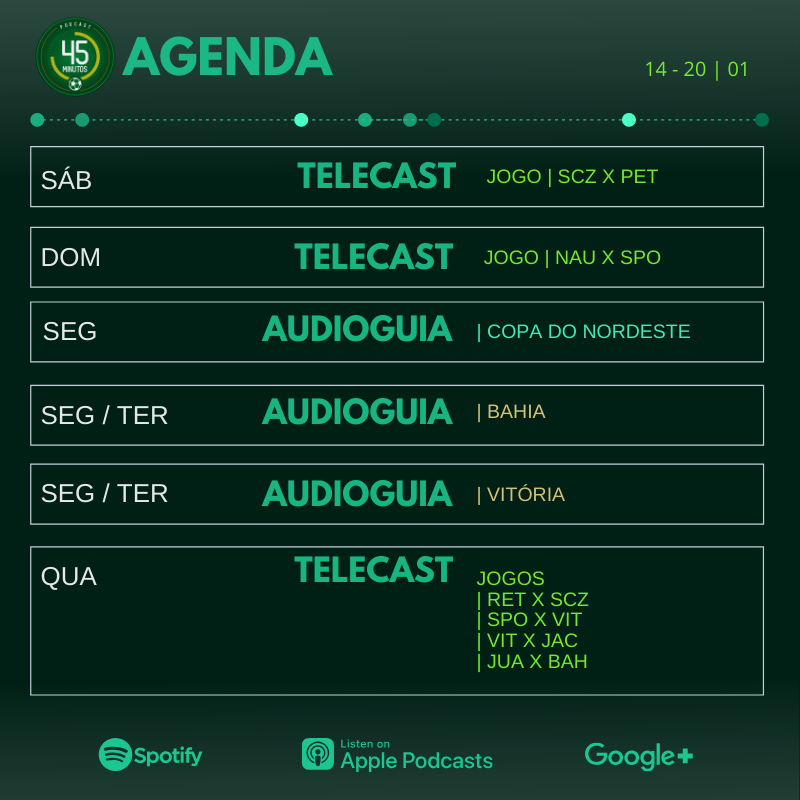 Podcast45's tweet photo. Atualização da nossa #Agenda semanal:
✅✅✅#Telecasts
✅@PodcastAgamenon
✅ #Audioguia do @SantaCruzFC
✅ #Audioguia do @nauticope
✅ #Audioguia do @sportrecife
...
⌛️ Amanhã começam os jogos oficiais😍
...
https://t.co/zkcXjnTAiV https://t.co/cfn2Q10fwP