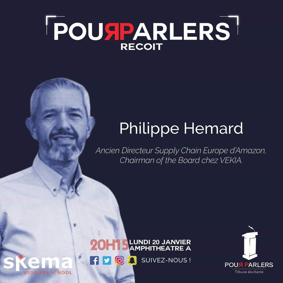 SKEMA_BS's tweet photo. [ÉVÉNEMENT] Première conférence de l'année 2020 pour l'association @Pourparlers_, la tribune étudiante de #SKEMA, le 20 janvier à 20h15 sur notre campus #SKEMAlille. @philippe_hemard en sera l'invité pour discuter avec nos étudiants de son expérience. 
#WeAreSKEMA https://t.co/GMntYOh4d0