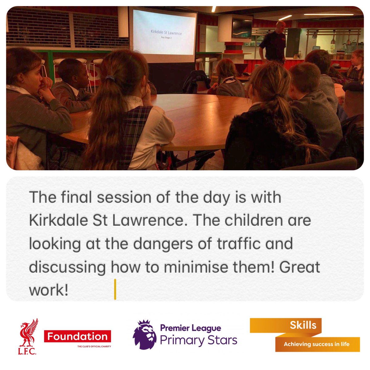 LFCFoundation's tweet image. Another great day of 
🌟#PLPrimaryStars 🌟 workshops at #Anfield Stadium. Today’s topic was all about road safety. 

Thanks to @MerseyFire for the great sessions. 👨‍🚒 #StopLookandListen