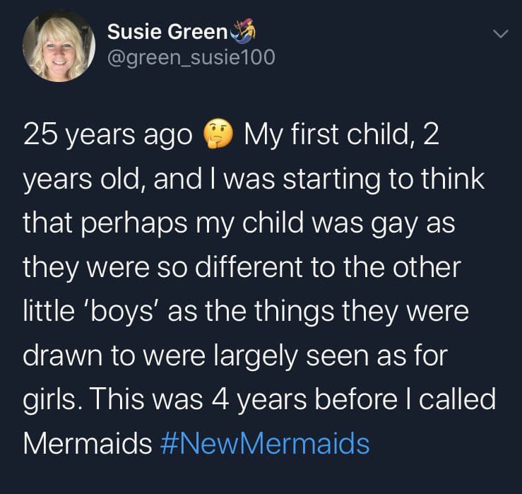 LilyLilyMaynard's tweet photo. I had a girl-child who loved mud and dinosaurs and hated dresses. Thank fuck I didn’t take her to Mermaids for not fitting gender stereotypes. Who the hell wonders if their 2 yr old is gay??? https://t.co/pHFRHXJWTs