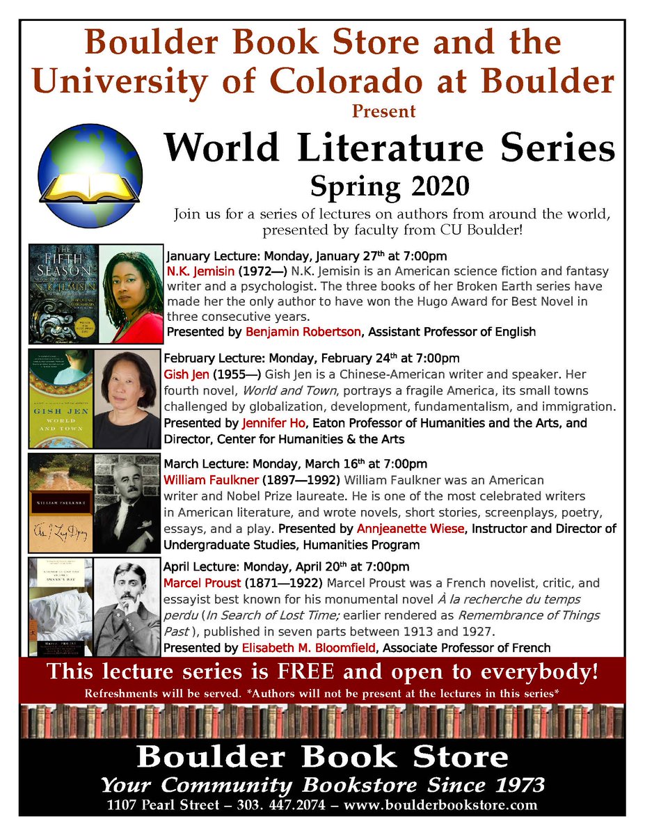 CUBoulderEngl's tweet photo. On Monday, January 27, English prof Ben Robertson (@BenRobertson) is giving a talk at @boulderbooks on sci fi and the fantasy of @nkjemisin! The event starts at 7 PM. C U there? #CUBoulderEnglish #BoulderBookStore #WorldLiteratureSeries https://t.co/JqzzktnA9R