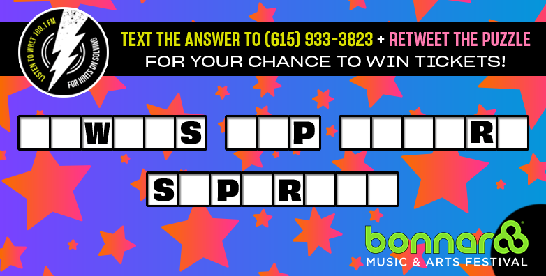 Lightning100's tweet image. Here are your final letters for our first Ferris Wheel of Fortune puzzle! Text your answeres to 615-933-3823 for your chance to win passes to @Bonnaroo 2020! Remember to RT #RooRadio to enter to win VIP passes!