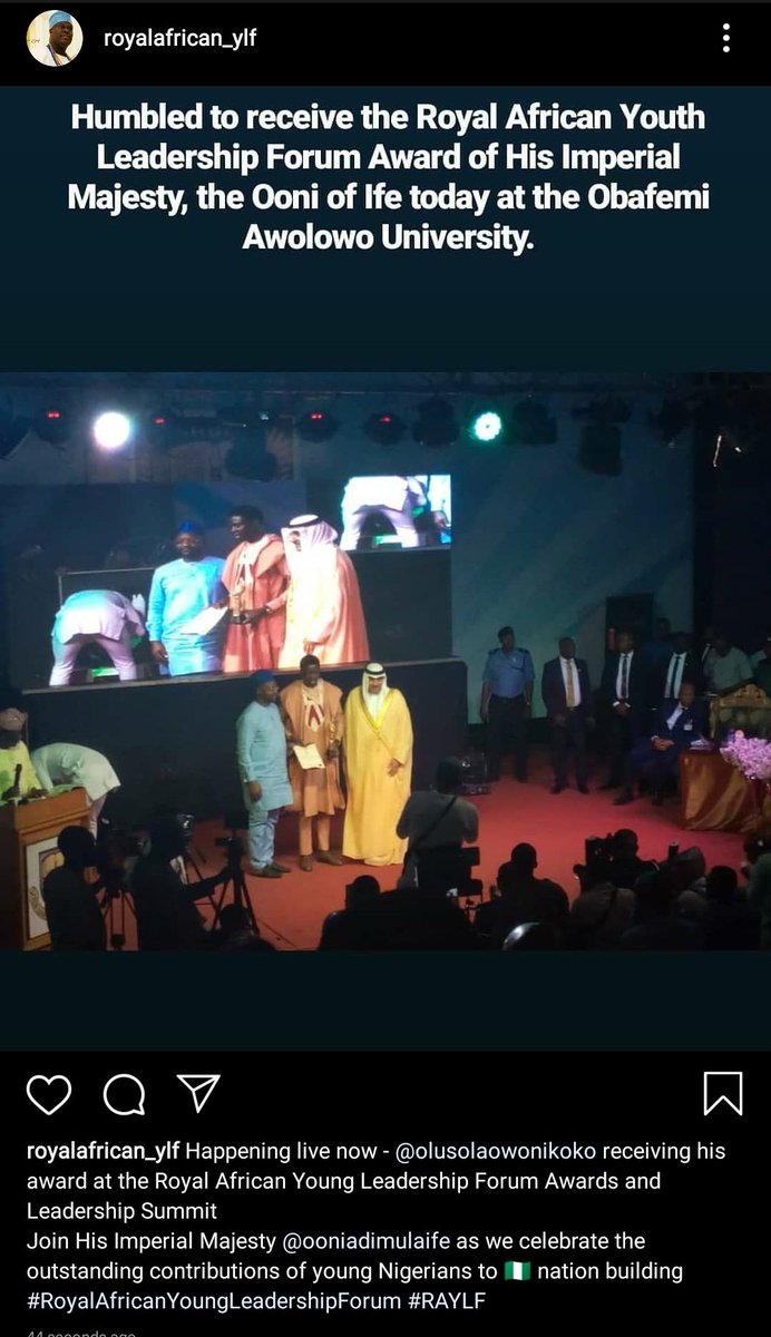 SolaOwonikoko's tweet photo. Today, I am humbled to receive the Royal African Youth Leadership Forum Award of His Imperial Majesty, the Ooni of Ife. https://t.co/pgSwEPMFZz