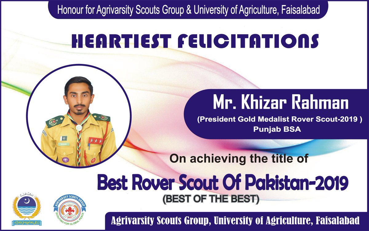 Agrivarsity_UAF's tweet photo. "Heartiest Congratulations to Mr. Khizar Rahman (President’s Gold Medalist Rover Scout-2019, Punjab BSA) on winning the title of “Best Rover Scout of Pakistan - 2019”
#bestscout, #pakistan #MOP #achievement #ASG #UAF #scout
#wosm #BOTB https://t.co/S9I8dhoLvC
