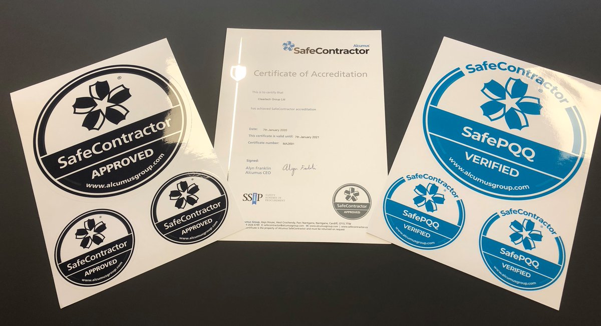 CleartechLtd's tweet photo. Another accreditation &amp; renewal in the bag @CleartechLtd @safe_contractor @alcumusgroup @ssip_org_uk  Well done to the team #teamcleartech #quality #leadingtheway https://t.co/Y7uqpaZgtC