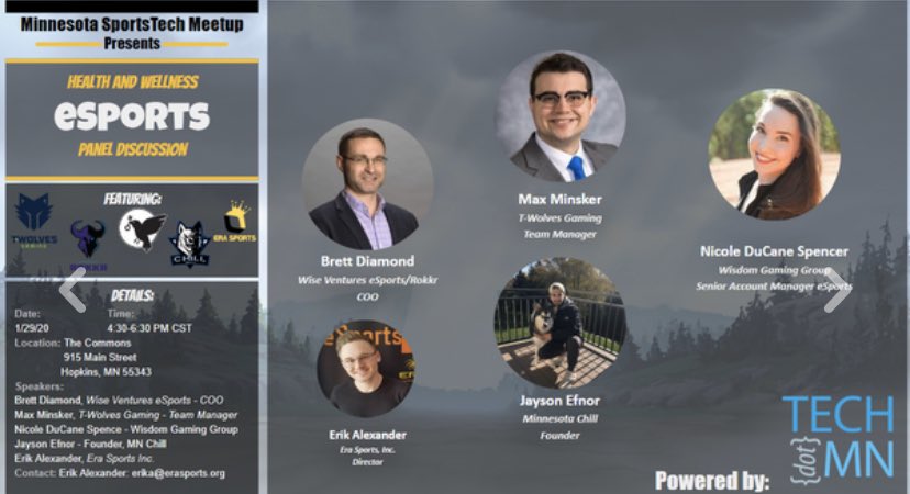 Exhibit_Sports's tweet photo. Interested in learning about Esports?
Come on out to the Panel night on January 29th, 4:30-6:30 pm at the Commons in Hopkins, MN!
Sponsored by @Exhibit_Sports
@erasportsinc @Diamond_Sota @MaxMinsker @NicoleDuCane @WisdomGamingGrp @TWolvesGaming @ROKKR #MNEsports https://t.co/wG4JOdAEKh