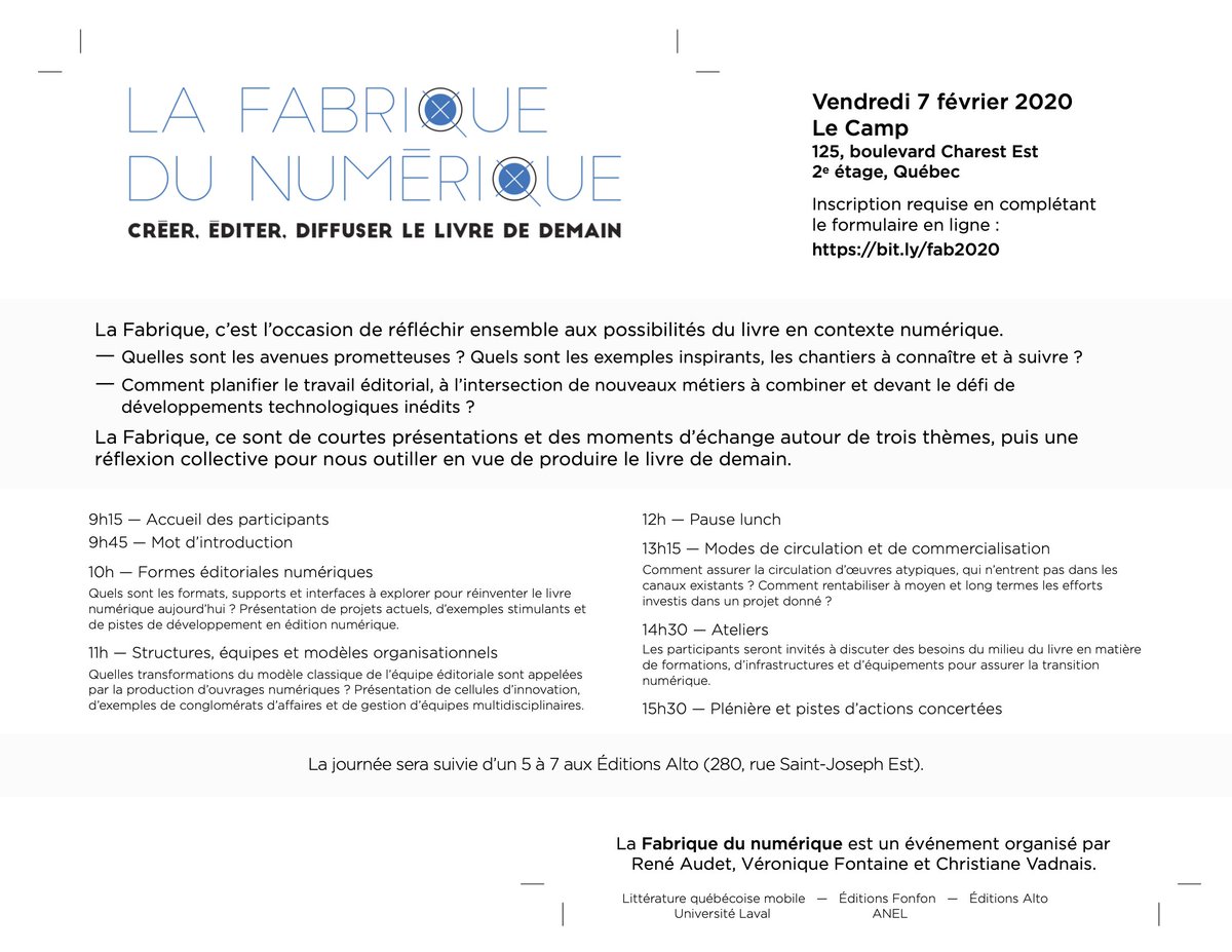 labexsitu's tweet photo. La Fabrique du numérique arrive à très grands pas! Découvrez notre programmation ci-dessous. Pour être des nôtres le 7 février prochain et contribuer à penser le livre de demain, inscrivez-vous dès maintenant: https://t.co/ar2GHBCjZ6 #fn20 https://t.co/UHkXBbytmR