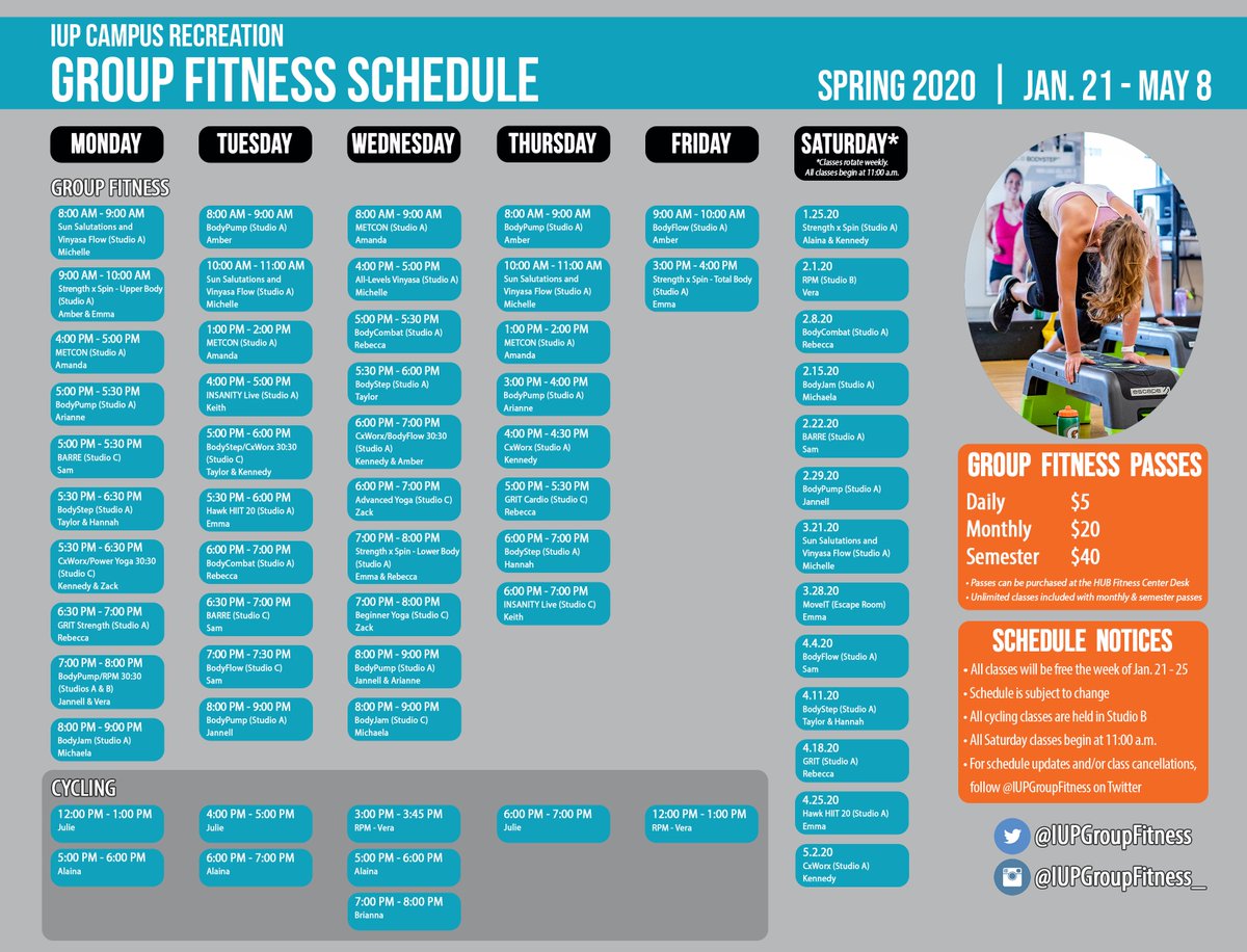 IUPGroupFitness's tweet photo. Here is the Official Spring 2020 #IUPGroupFitness / Cycling / Move It Schedule! 

💪🏋️‍♀️🏋️🚴‍♀️🚴💪 

#IUP https://t.co/KYZw4xnsBu