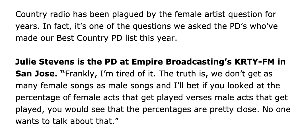 data_jada's tweet photo. Radio Ink covered gender rep issues, and it was mentioned that no one is looking at the percentage of female acts getting played, stating that the numbers would be closer.
This definitely isn't true. #SongData has covered this in work done in consultation w/@women_want_more. 👇 https://t.co/EGTwBH7FDw