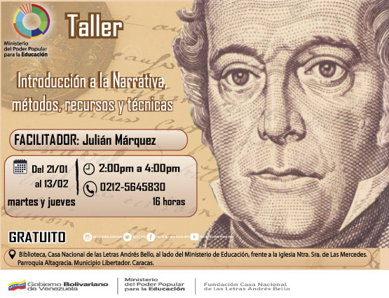 casa_bello's tweet photo. Este #martes #21Enero iniciarán dos nuevos talleres literarios, "Kinestesia, convierte tus ideas en personajes de una historia" con Argimiro Serna e "Iniciación Narrativa" con Julián Márquez. #Caracas #Gratuitos. Para inscripciones comunícate al: (0212) 5645830.

@MPPEDUCACION https://t.co/I8eaWfEjWl