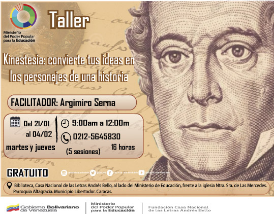 casa_bello's tweet photo. Este #martes #21Enero iniciarán dos nuevos talleres literarios, "Kinestesia, convierte tus ideas en personajes de una historia" con Argimiro Serna e "Iniciación Narrativa" con Julián Márquez. #Caracas #Gratuitos. Para inscripciones comunícate al: (0212) 5645830.

@MPPEDUCACION https://t.co/I8eaWfEjWl