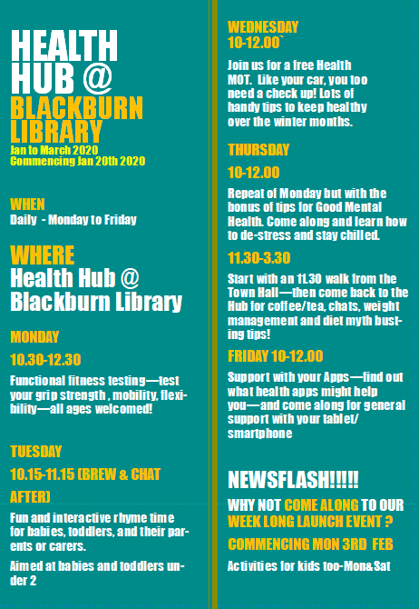 BwDLibraries's tweet photo. Our New programme of activities taking place in the Health Hub @ Blackburn Library. Have a look to see if there is something for you! #BwDlibraries #HealthHub https://t.co/jfPhawvybh
