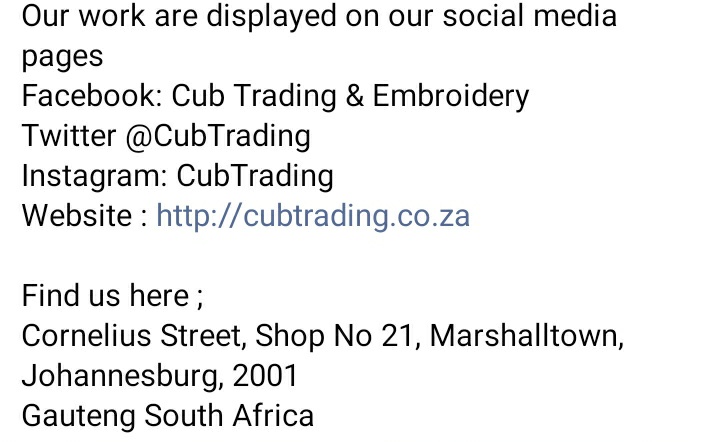 <a href="/CubTrading/">Cub Trading & Embroidery</a> is one stop shop for designing,manufacturing and branding of school uniforms, PPE, Corporate clothing &amp; Promotional materials.

You can easily reach us here: 0798657473
Email : sales@cubtrading.co.za 
Website : cubtrading.co.za
#CubTrading