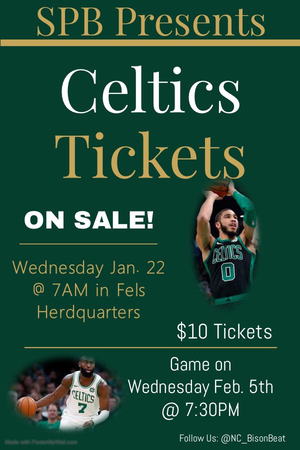 NC__CAB's tweet photo. $10 Celtics Tickets on sale this upcoming Wednesday!!! First come first serve! Sold in HERDquarters @7AM Game on Feb. 5th #spb #Celtics https://t.co/Vc45tcfUrK