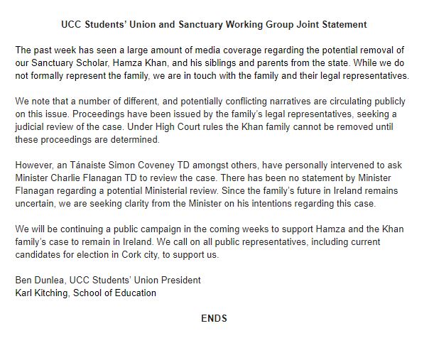 UCCSUPresident's tweet photo. UCC Students' Union and Sanctuary Working Group Joint Statement https://t.co/ZvcaBcxwN4