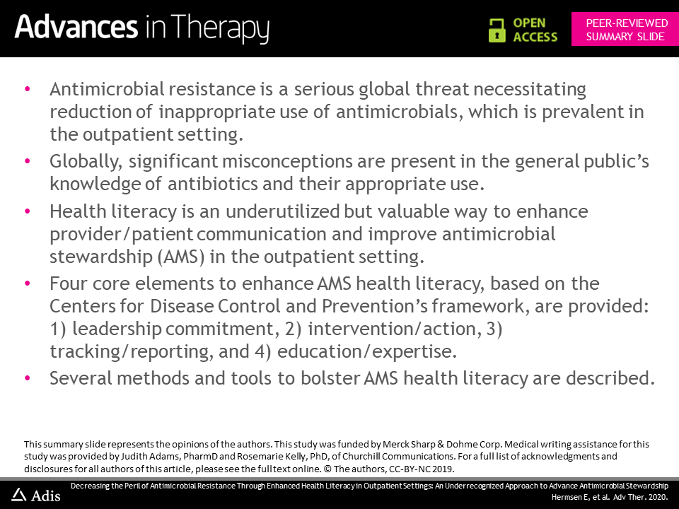 AdvancesTherapy's tweet photo. Our latest article explores enhanced health literacy in outpatient settings as an approach to advance antimicrobial stewardship. Full text available here: https://t.co/LUO9ehvQIx #AntimicrobialResistance https://t.co/xuLYTpPwNn