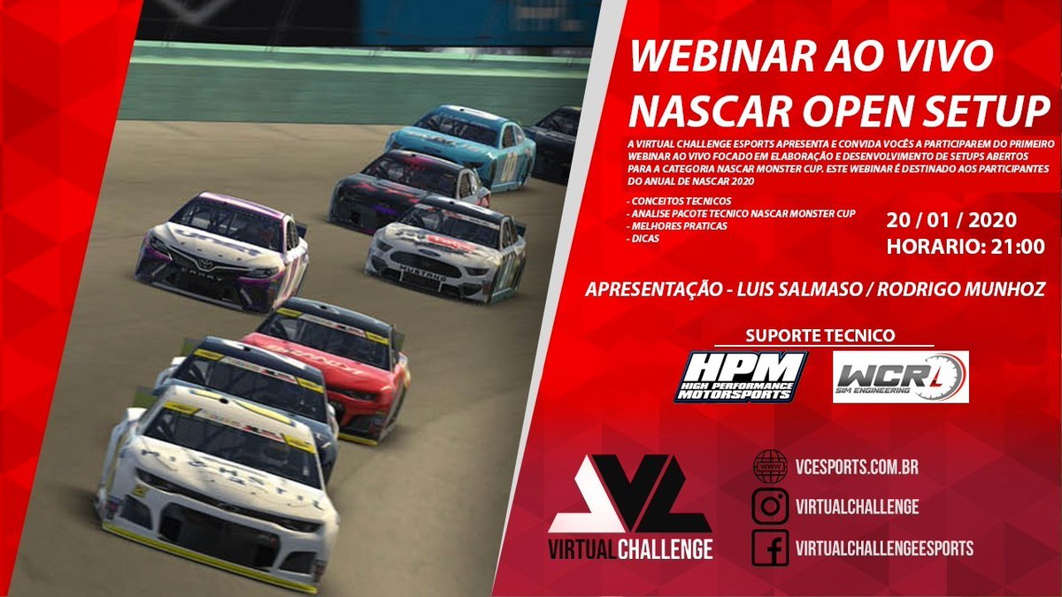 vcesportsbr's tweet photo. O Anual de Nascar está chegando e trazemos uma novidades para os pilotos. 

Mestre dos setups, Luis Salmaso vai ministrar sobre elaboração e desenvolvimento de setups para os carros da Nascar Cup Series.

Será nesta segunda (20), à partir das 21h, no Facebook da VC. https://t.co/H8ppTzQOaP