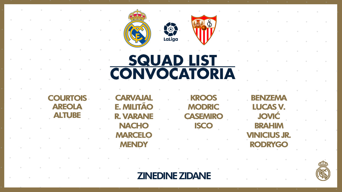 realmadriden's tweet photo. 📋 Here's our 19-man squad for tomorrow's match against @SevillaFC_ENG!
#RMLiga | #HalaMadrid https://t.co/EmALR7GEaV