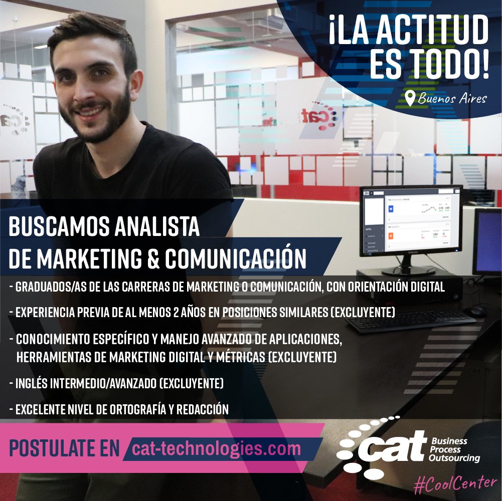 CATArgentinaSA's tweet photo. ¡Seleccionamos Analista de Marketing &amp; Comunicación!
¡Vos también podés ser parte de nuestro equipo en #BuenosAires ¡Envianos tu CV! Podés cargarlo directamente en nuestro web site. https://t.co/EHCRDvvphY #TrabajoAr https://t.co/whGgEJ5MCo