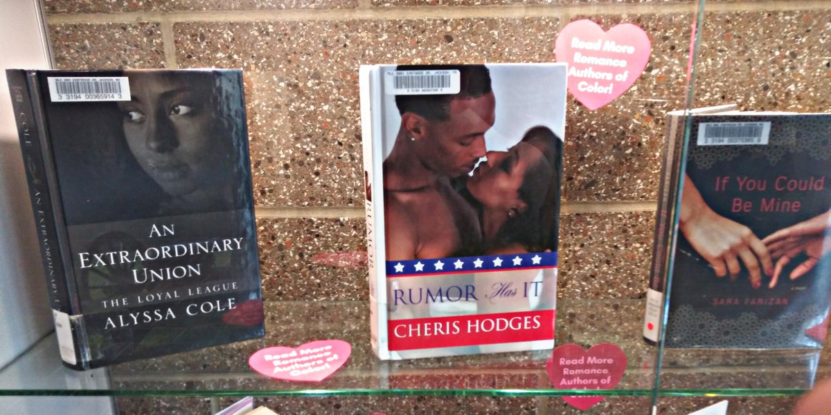 Three romance books by authors of color. They are surrounded by hearts that read "Read more romance authors of color."