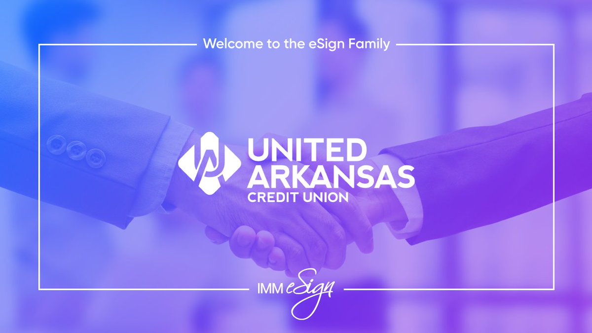IMMeSign's tweet photo. We want to welcome United Arkansas Credit Union to our #eSign Family!
Thanks for adding our #eTeller #Check21 solutions integrated with your @Fiserv_CU Portico system.
#eTeller #eSignature #SimplyTheBest #FinTech https://t.co/diZiPEO2IM