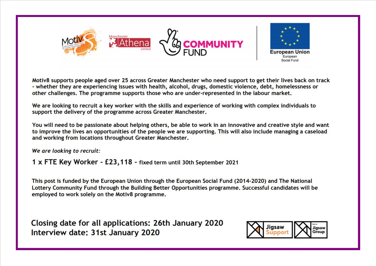 Would you like to join the #Motiv8GM team to help people get back on track? We currently have a vacancy for a Key Worker @SupportByJigsaw. Closing date 26th Jan and interview date 31st Jan 2020.  careers.jigsawhomes.org.uk/181/view 
#BuildingBetterOpportunities #TNLComFundESF <a href="/TNLComFund/">The National Lottery Community Fund</a>