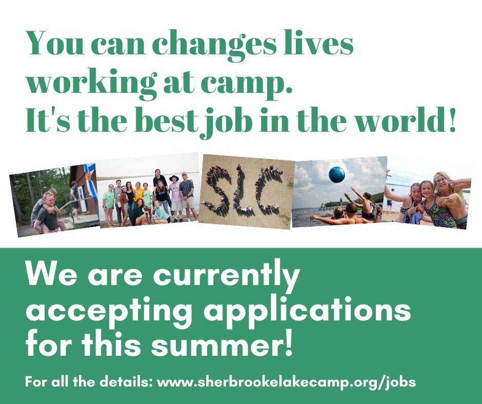JOB APPLICATIONS NOW AVAILABLE. Are you 17 years and older? The job of working with children at #sherbrookelakecamp is a demanding and rewarding one. 
You can change lives working at camp &amp; you can be a part of it. 
#theplacetobethissummer Check out: sherbrookelakecamp.org/jobs