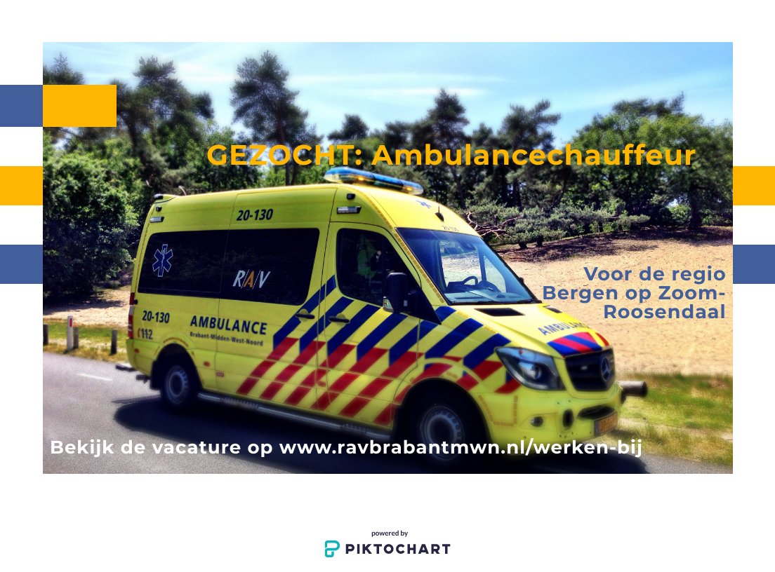 RAVBrabantMWN's tweet photo. VACATURE VRIJDAG: AMBULANCECHAUFFEUR
Patiënten helpen op een manier die bij hen en de situatie past in de intense, vaak ingrijpende momenten in hun leven. De ambulancechauffeur draagt daaraan bij, o.a. met efficiënt en veilig vervoer. Iets voor jou?
https://t.co/ULV1S7FFx3 https://t.co/zMuDJJq5x2