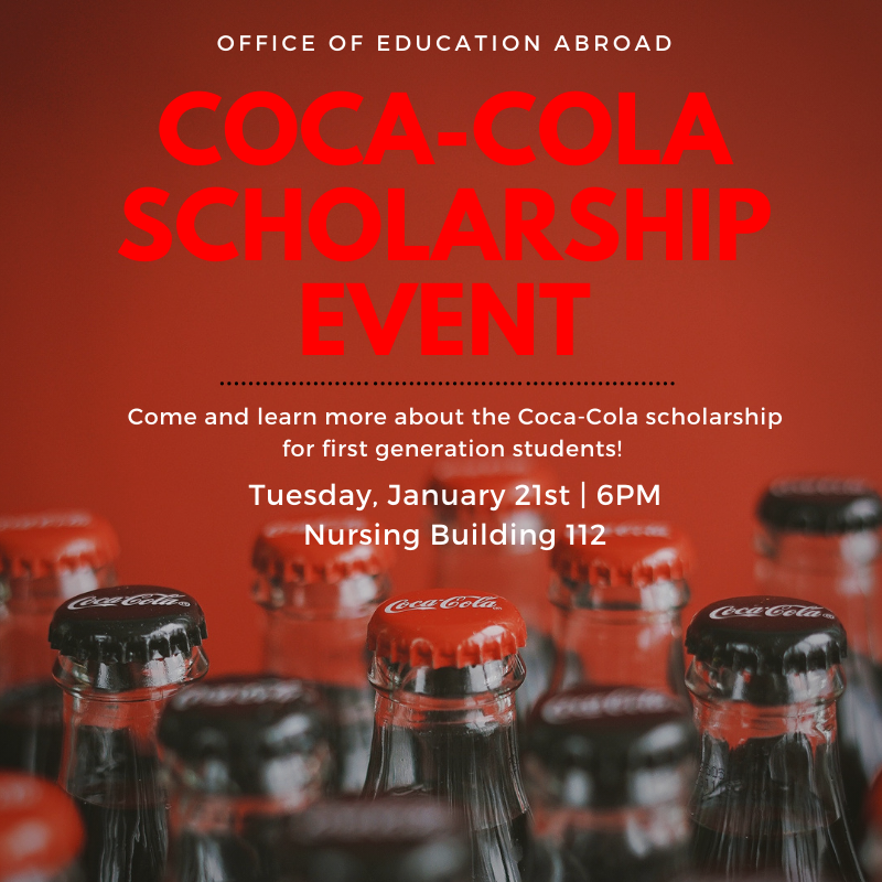 UWGAbroad's tweet photo. The Coca-Cola Scholarship is an opportunity for first-generation students to fund their study abroad experience! Mark your calendars - we will be hosting an info session on Tuesday to share more information. We'll see you there! #uwg #gowestgoworld https://t.co/bS9Vq07zkB