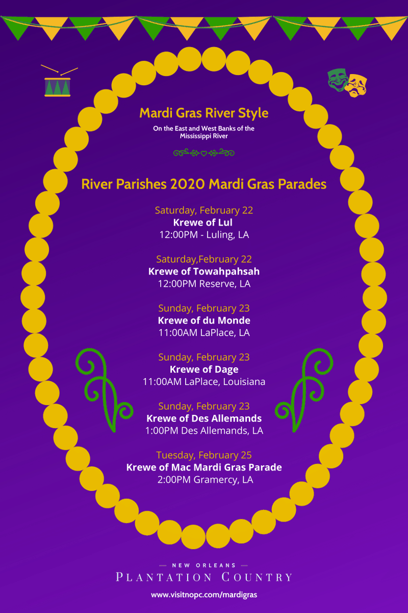 LARiverParishes's tweet photo. Roll with us #OutHere for Mardi Gras! Here is the River Parishes' parade schedule! Click the link for more information. https://t.co/D4yrCkuGtq https://t.co/bzwY0RfYqw