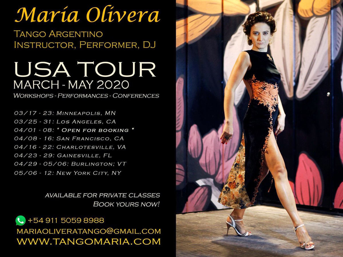 OliveraTango's tweet photo. Plans were made, flights have been booked, wishes are coming true!

My fellow tangueros.. here I go again!!!

***USA Srping Tour 2020***

Sign up for workshops, book your private classes!

+info: https://t.co/CdXU8KB9SB https://t.co/YTiEagkksK