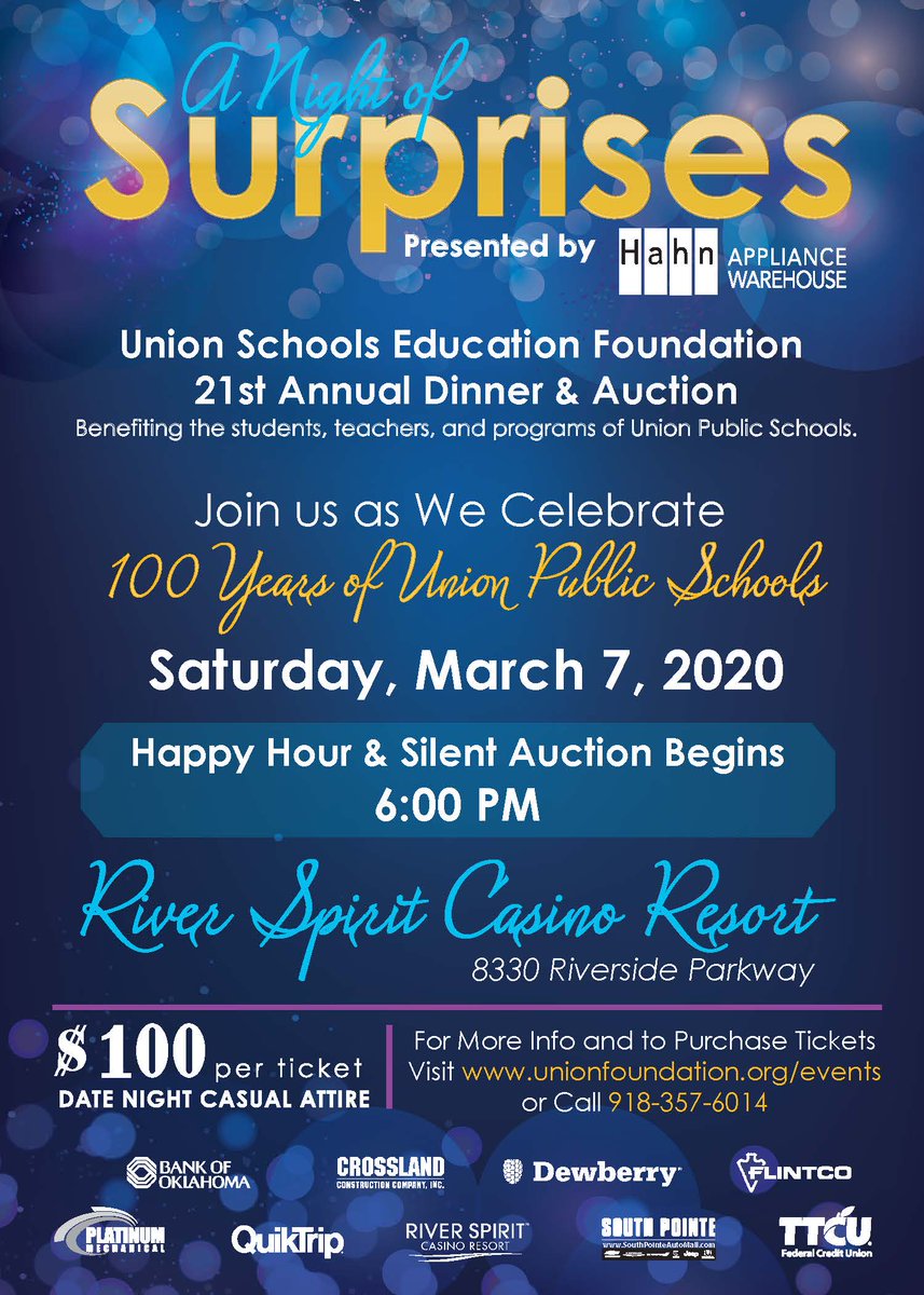 UnionFound's tweet image. Buy your tickets today for the 21st Annual @UnionFound Dinner and Auction sponsored by @hahnappliance! March 7th, 2020 at River Spirit Resort. All proceeds from the evening benefit the students, teachers and programs of @UnionSchools
