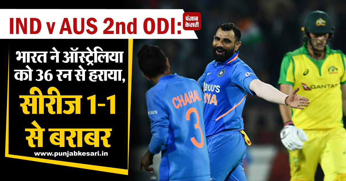 punjabkesari's tweet image. IND v AUS 2nd ODI: भारत ने ऑस्ट्रेलिया को 36 रन से हराया, सीरीज 1-1 से बराबर
sports.punjabkesari.in/sports/news/in… 
#Cricket #IndvsAus #LevelSeries