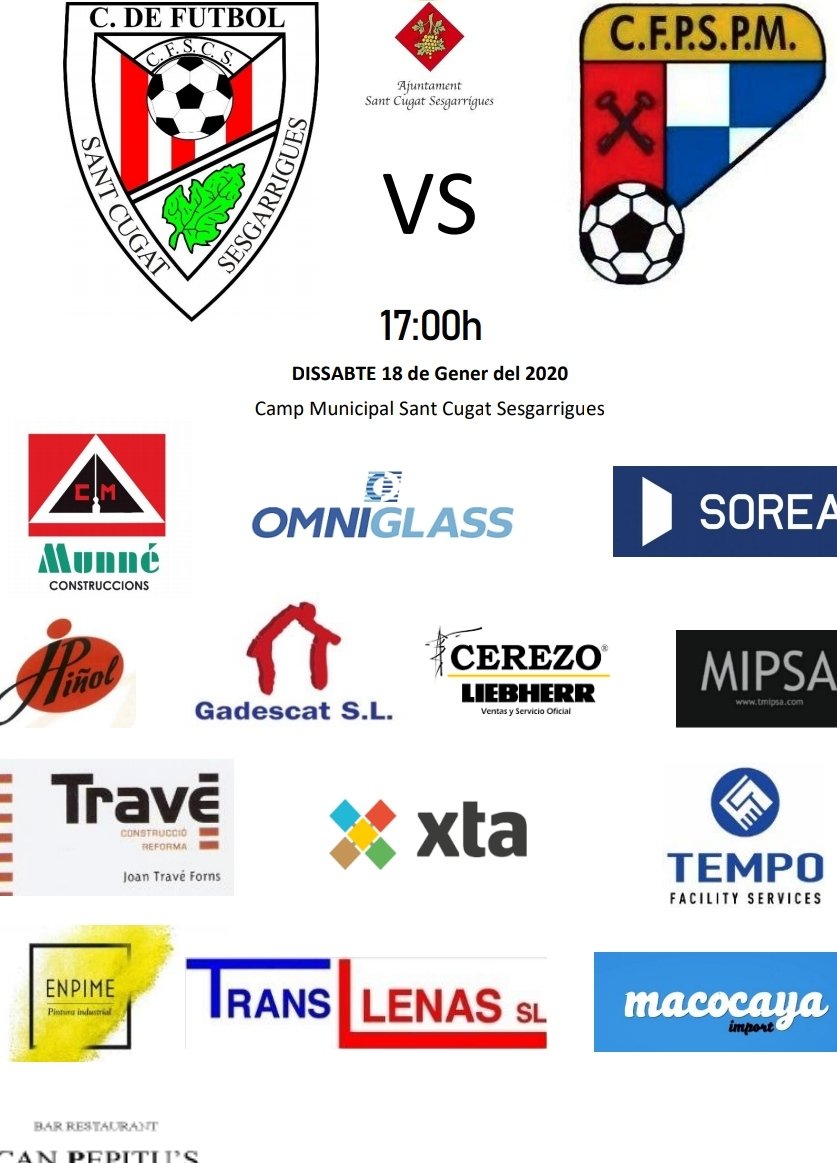 Aquest dissabte a les 17:00h, al municipal torna el clàssic!! 

Sant Cugat - <a href="/cfpmolanta/">Sant Pere Molanta CFP</a> 

I aquesta setmana innaugurem les noves samarretes!

Soci i aficionatt, no et perdis aquesta jornada!