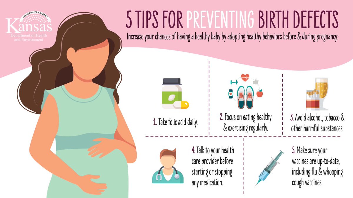 KDHE's tweet photo. Welcoming a newborn or planning this year? Follow these 5 tips to help #PreventBirthDefects:
๐ธ Take 400 mcgs of folic acid.
๐ธ Eat healthy & exercise regularly.
๐ธ Avoid harmful substances.
๐ธ Talk to your Dr. before starting or stopping medication.
๐ธ Update your vaccinations. https://t.co/gP35jyQ9sN