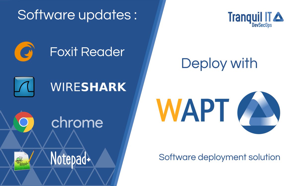 TRANQUIL_IT's tweet photo. 📢[UPDATE] New software updates for #Foxit, #Wireshark, #Chrome and #Notepadplus on the #WAPT store.

Cert-FR notifications :
Foxit ➡ https://t.co/Nxt40m4CMg
Wireshark ➡ https://t.co/RlxJ1FjNwt

#patchmanagement #Update #CyberSecurity https://t.co/smIPhoctxY