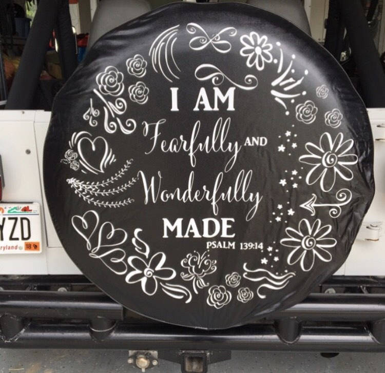 6Canvas's tweet photo. Such an encouraging tire cover to have in my #etsy shop: Floral spring " I am fearfully and wonderfully made Psalms 139:14" jeep tire cover https://t.co/PVAdvuU0d0 #jeepwrangler #tirecover #customtirecovers #sparetirecover #customtirecover #tirecovers #designatirecover https://t.co/GepHBhZlNO