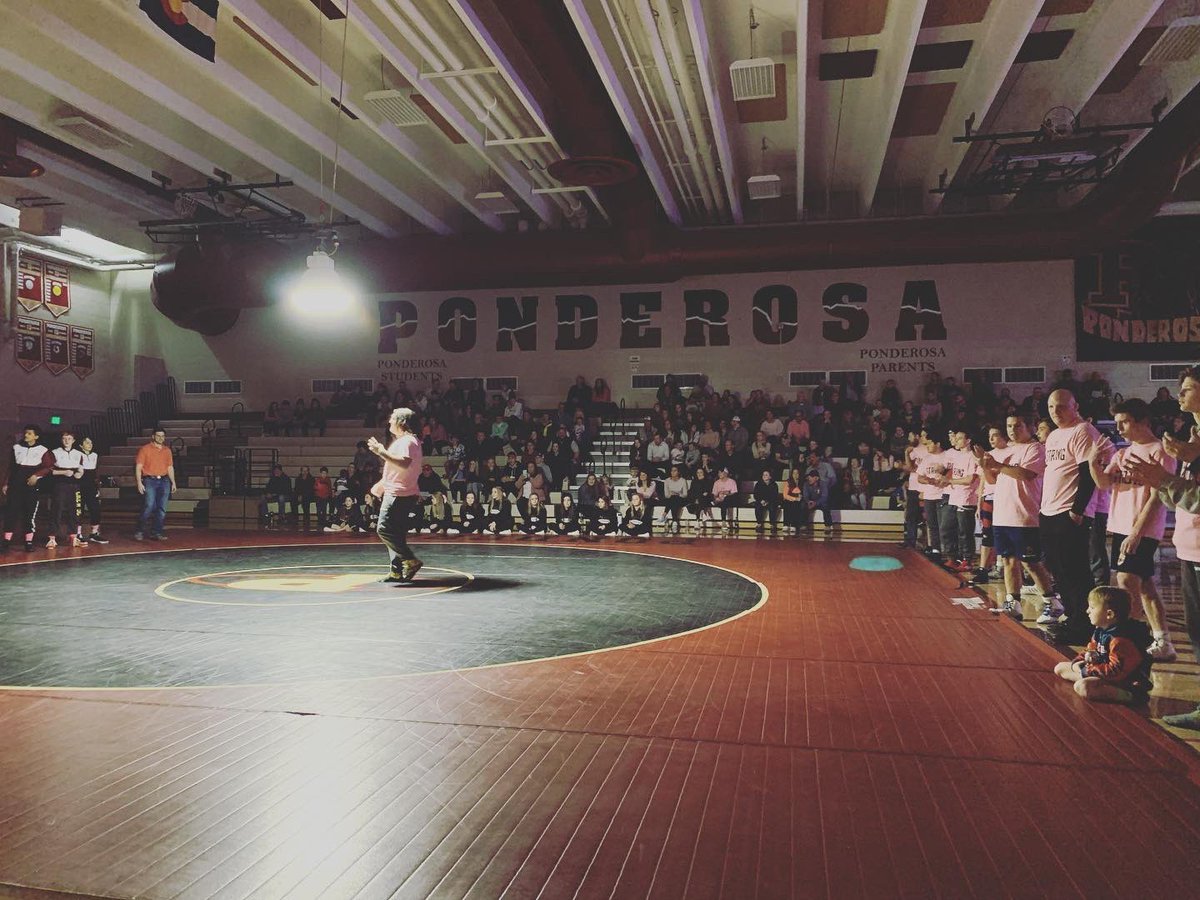 MrsGapp's tweet photo. It was so special to go to Ponderosa last night as they honored me and Laura Sierra. “The Wrestling Community” is pretty incredible. Both programs, dressed in pink, wrestling to fight cancer, and gym filled with passion &amp; pride. Truly - thank you @WrestlePondo @Chap_Wrestling https://t.co/DJGMCS7EtE