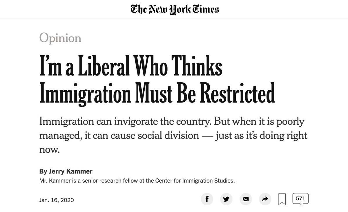 DefineAmerican's tweet photo. The @nytimes published an op-ed yesterday that claims to be liberal. But the organization that wrote  it — the Center for Immigration Studies — exists to try to keep the U.S. a white majority country and was founded and funded by white nationalists. https://t.co/csWE0G89D4 https://t.co/gw1WSGoSQp