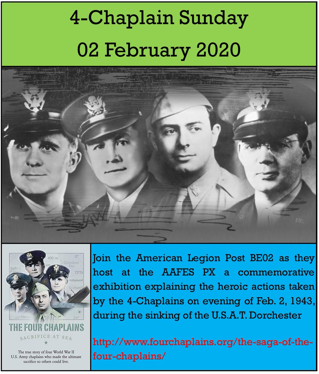 PostBe02's tweet image. Join the American Legion Post BE02 to commemorate the 4-Chaplain Sunday at the AAFES PX on 02 Feb