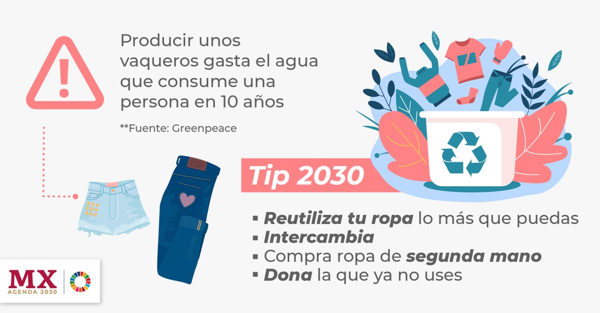 SecAgenda2030Mx's tweet photo. La industria textil es la segunda más contaminante del planeta y que más consume agua. Si conservamos nuestras prendas uno o dos años más, se pueden reducir las emisiones de CO2 hasta 24%.
¡Súmate al consumo responsable!👖👚 👕
#Tip2030
#Agenda2030 https://t.co/1o0Rf0dYnZ
