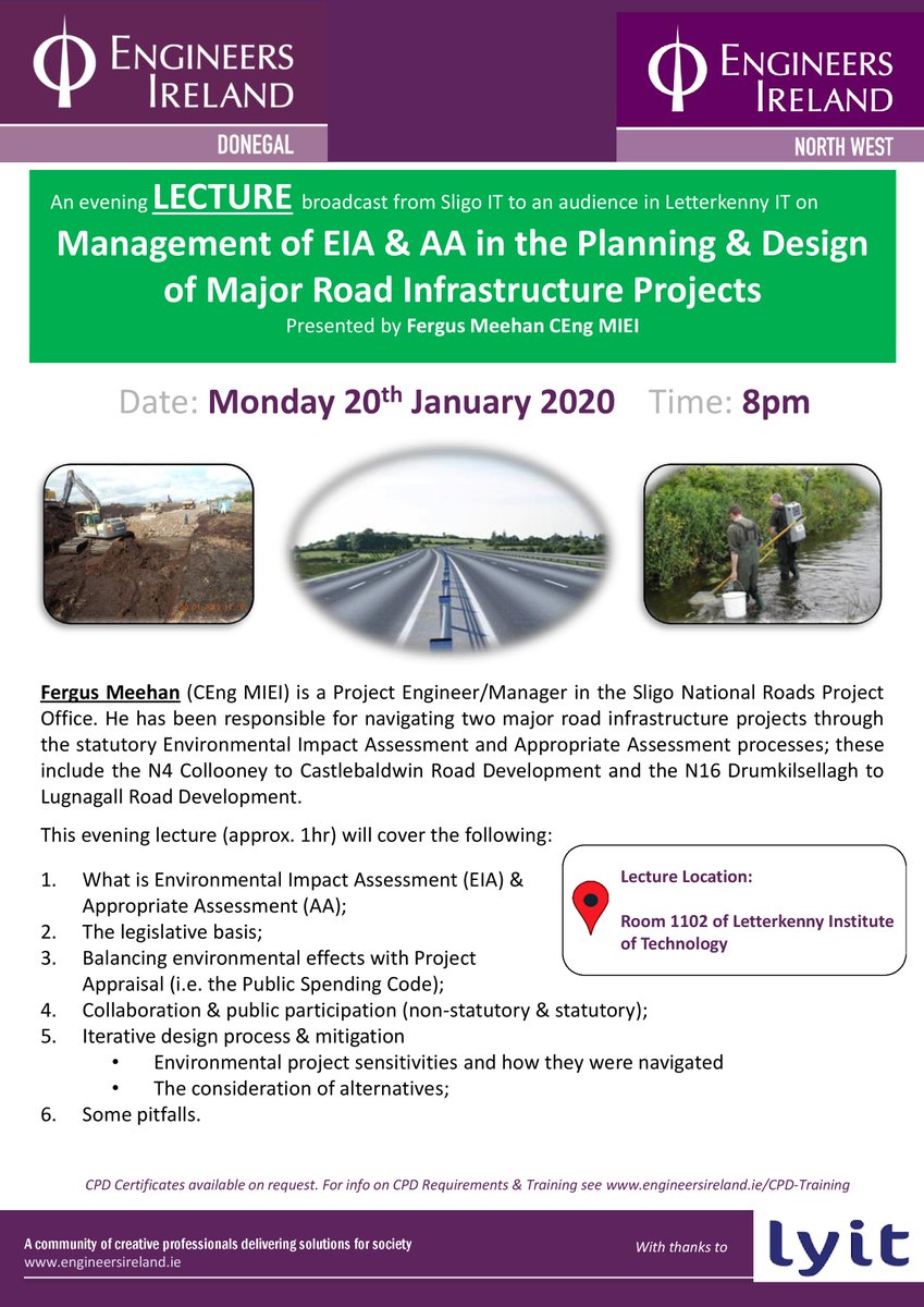EngIrlDonegal's tweet photo. 📽 WEBCAST EVENT - 20th Jan 2020 📽

Join us on Monday as we tune in to a live broadcast by @EngineerIreland NW to study the implications of Environmental Impact Assessment &amp; Appropriate Assessment for major road schemes. We go live at 8pm so see you in @LYIT Rm 1102 just before https://t.co/LmyWCgKUBP
